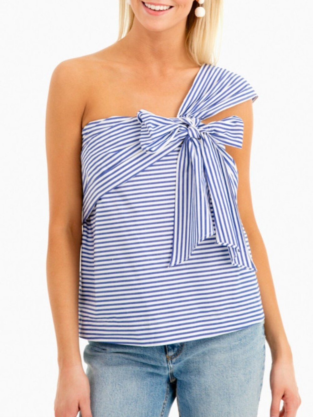 Pomander Place Asymetrical One Shoulder Blue White Stripe Top With Bow Women's L